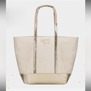 VICTORIA'S SECRET SPARKLE BEIGE GOLD SEQUIN TOTE PURSE BAG TRAVEL COTTON CANVAS